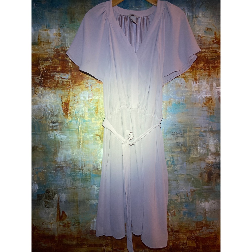 HM Lavender Grey V-Neck Flutter Sleeve Midi Dress with Belt Size L